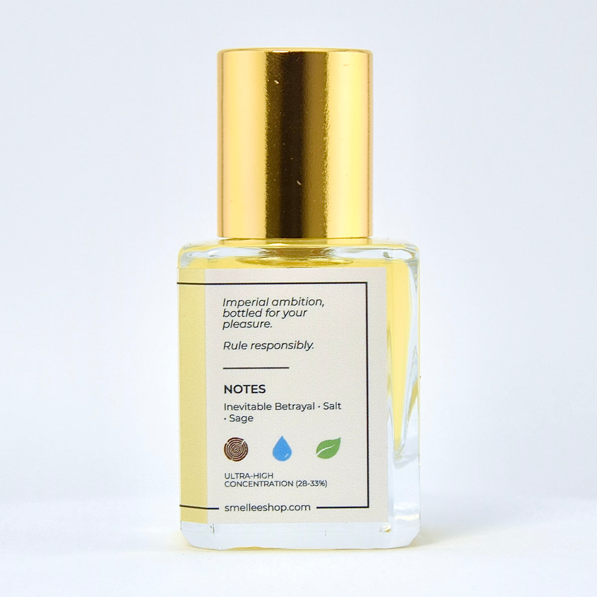 Clear bottle with gold cap on a white background