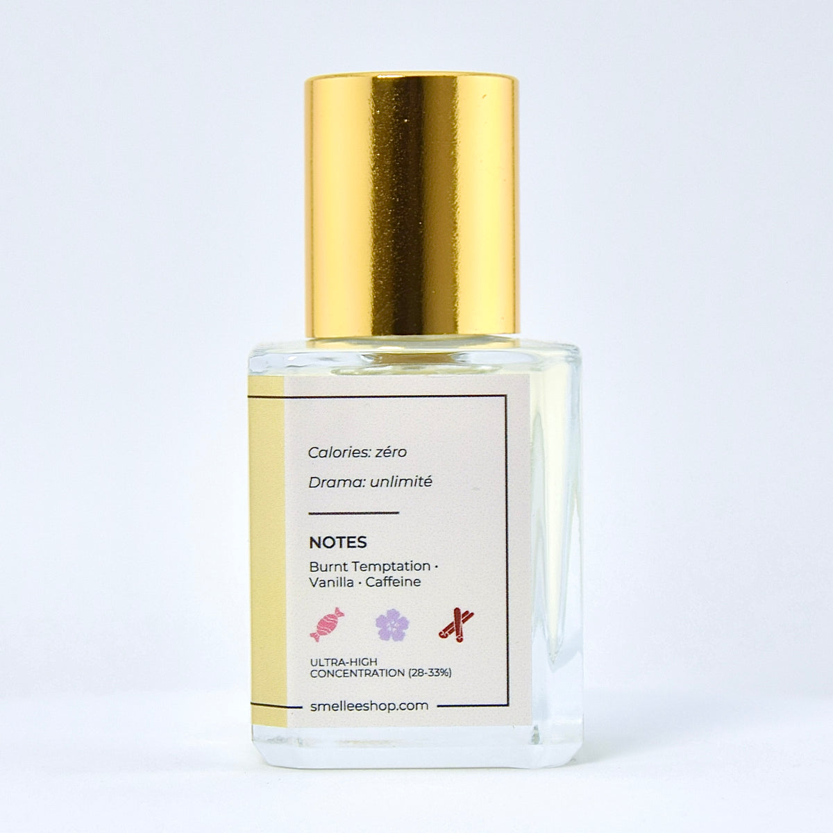Perfume bottle with gold cap on a white background