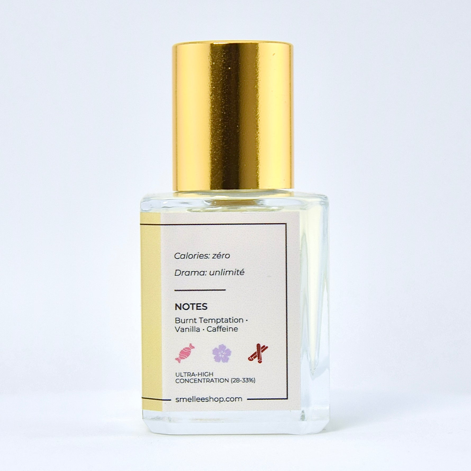 Perfume bottle with gold cap on a white background